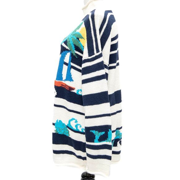 Vintage Harold's White & Blue Striped Palm Tree Sailboat Sweater Size Large - Picture 2 of 12